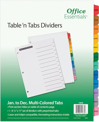 Office Essentials Table n Tabs Paper Dividers, Jan-Dec Tabs, Multicolor (11679)