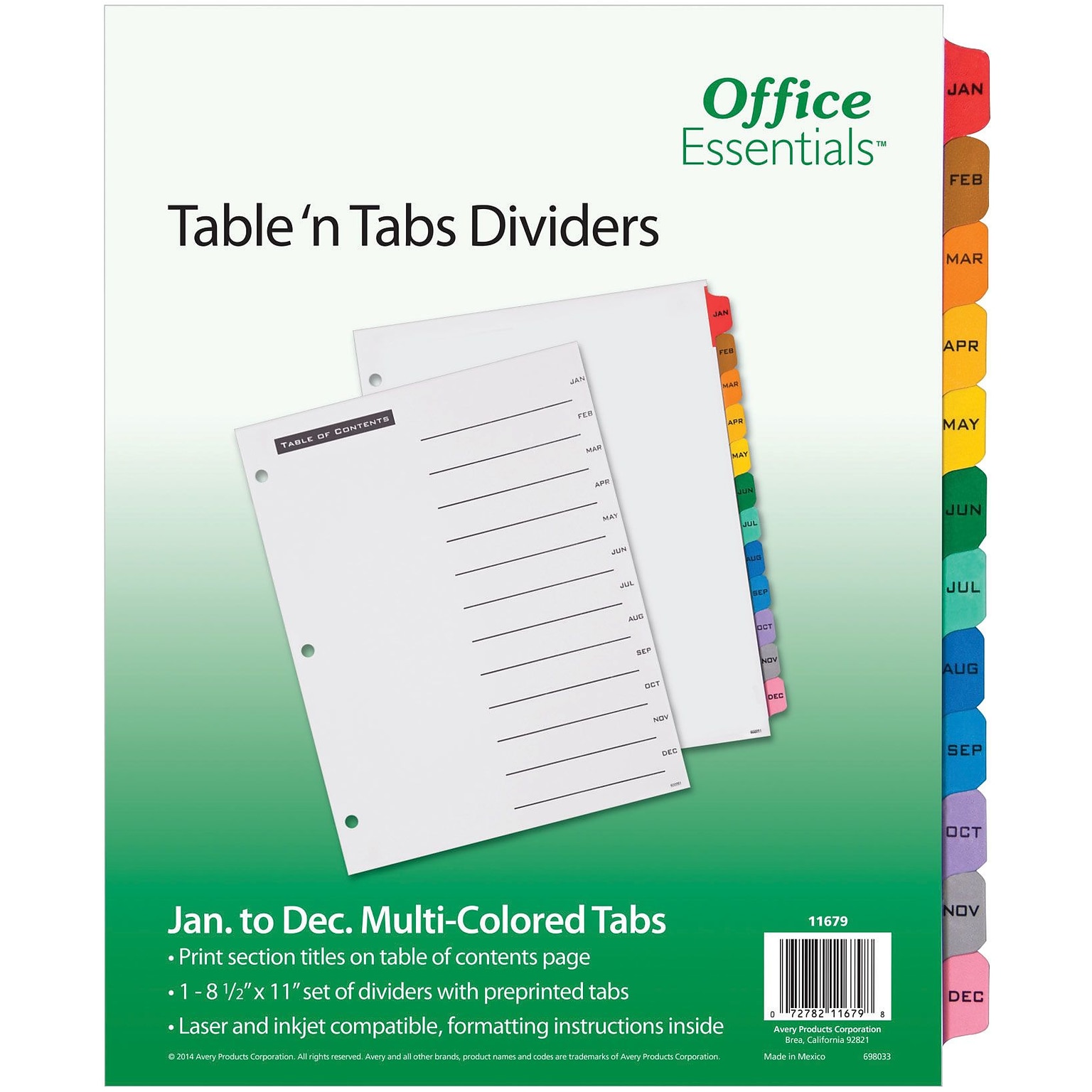 Office Essentials Table n Tabs Paper Dividers, Jan-Dec Tabs, Multicolor (11679)