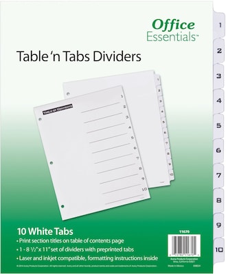 Avery Office Essentials Preprinted Dividers, 10-Tab, White, Set (11670)