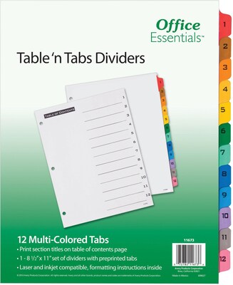 Avery Office Essentials Table n Tabs Numeric Paper Dividers, 12 Tabs, Multicolor (11673)