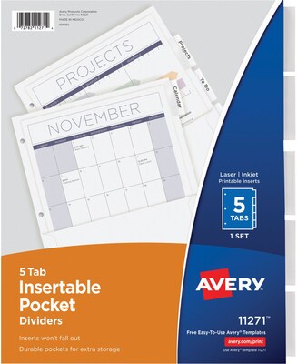 Avery® Pocket Dividers with Insertable Tabs, 5 Tab, Clear, 9-1/8 x 11 1/4, 1/St