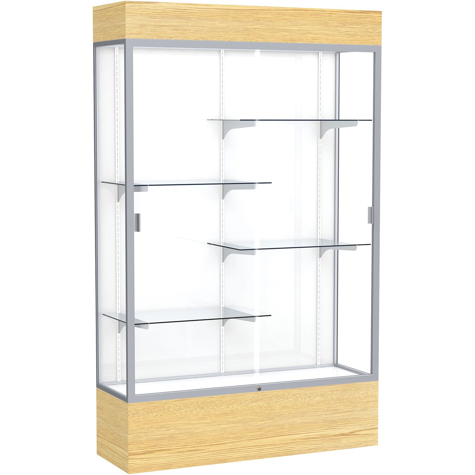 Ghent Reliant 48W x 80H x 16D Lighted Floor Case, White Back, Satin Finish, Lt. Oak Vinyl Base (2174WB-SN-LV)
