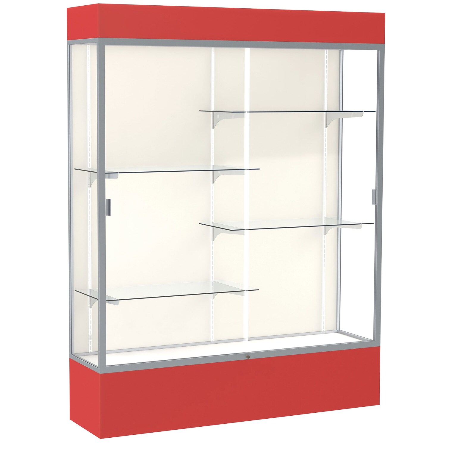 Ghent Spirit Lighted Floor Case, 60W x 80H x 16D, Plaque Back, Satin Finish, Red Base and Top (3175PB-SN-RD)