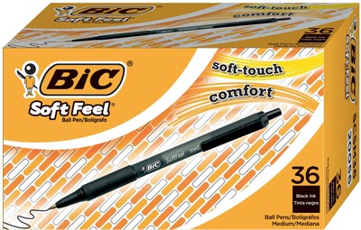 BIC Soft Feel Retractable Ballpoint Pen, Medium Point, Black Ink, 36/Pack (SCSM361BLK)