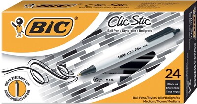 BIC Clic Stic Retractable Ballpoint Pen, Medium Point, 1.0mm, Black Ink, 24/Pack (CSM241-BLK)