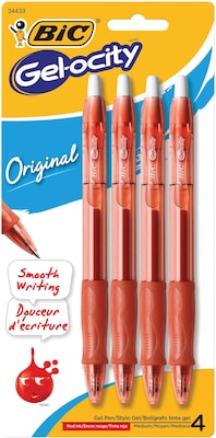 BIC Gel-ocity Retractable Gel-Ink Roller Pens, Medium Point, Red, 4/Pack