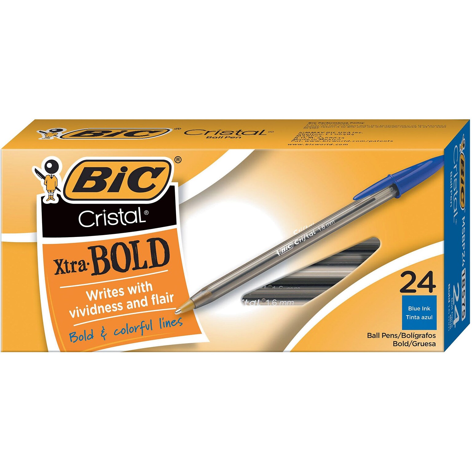 BIC Cristal Xtra-Bold Ballpoint Pens, Bold Point, 1.6mm, Blue Ink, 24/Pack (MSBP241-BLU)