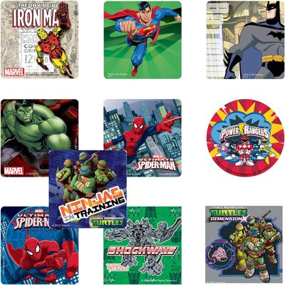 SmileMakers® Superhero Licensed Character Sticker Sampler; Assorted Designs, 2-1/2 Stickers, 1,000 Total Stickers (HERO-R)