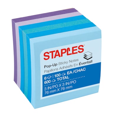 Staples Stickies® Pop-Up Notes, Assorted Watercolors, 3 x 3, 6 Pads/Pack (S-33WCP6)