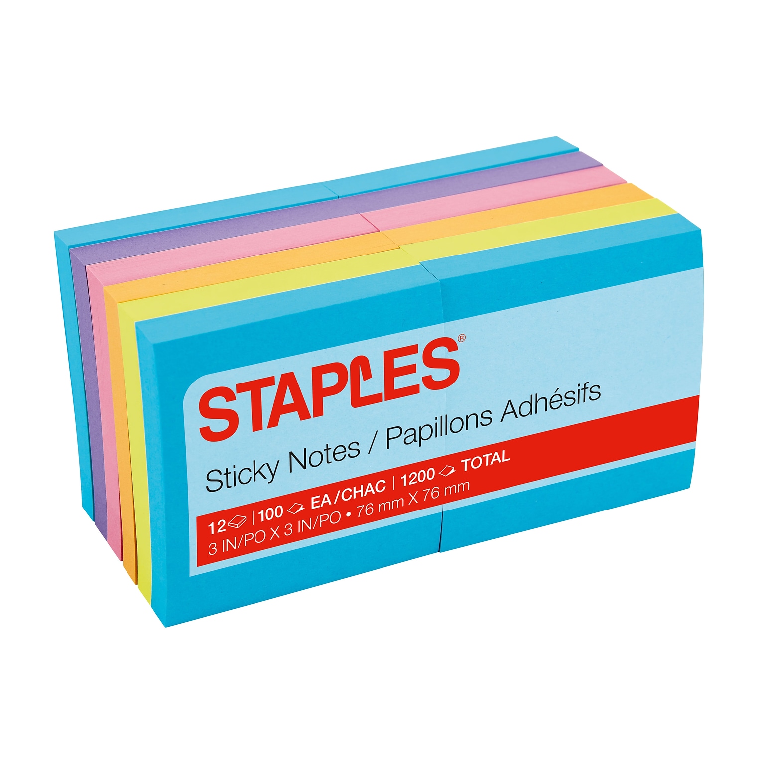 Staples® Sticky Notes, 3 x 3 Assorted Bold, 100 Sheets/Pad, 12 Pads/Pack (S-33BO12/52566)
