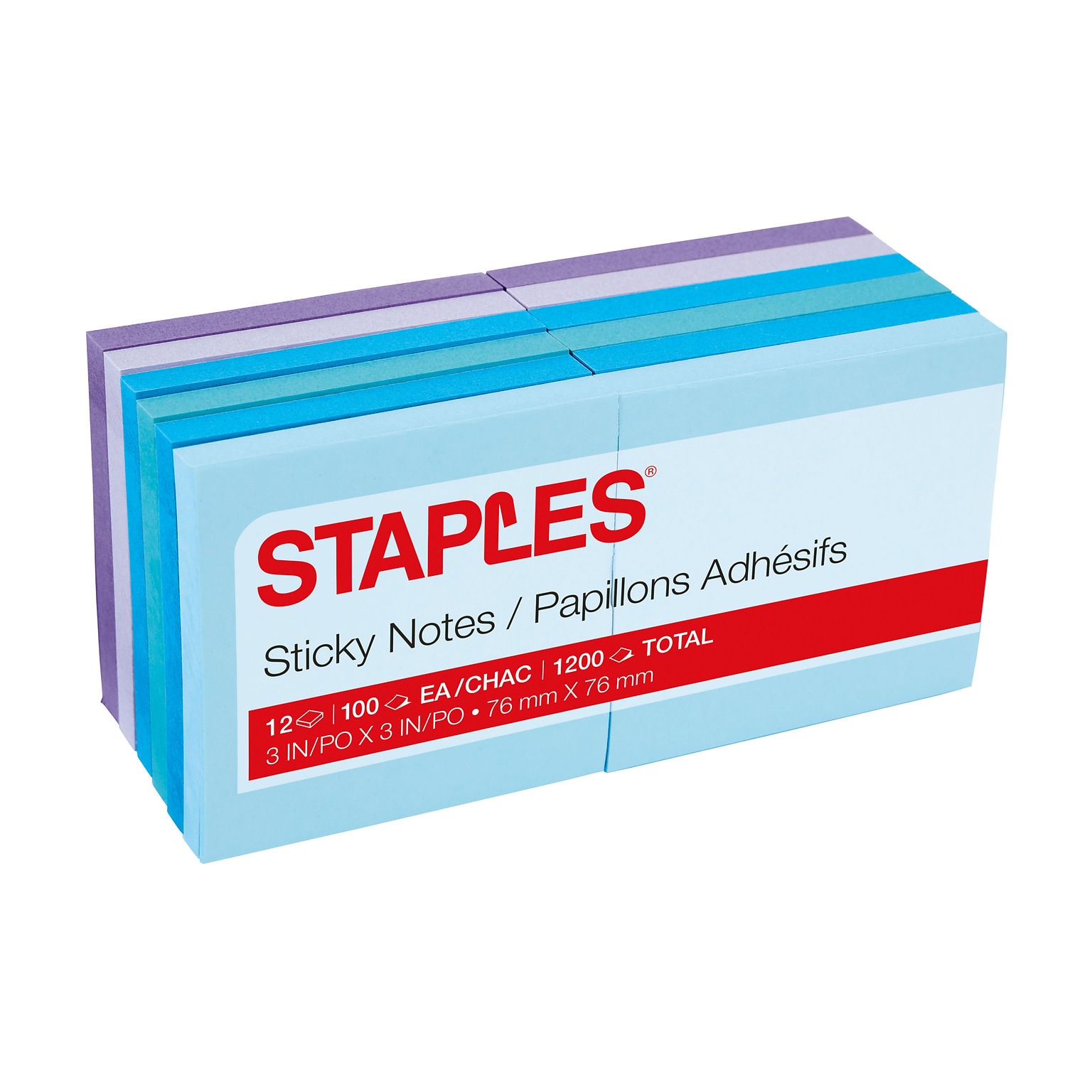 Staples® Stickies Notes, 3 x 3, Assorted Colors, 100 Sheet/Pad, 12 Pads/Pack 18 Packs (19758-US)
