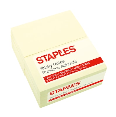 Staples® Stickies Recycled Notes, 3 x 5, Yellow, 100 Sheet/Pad, 12 Pads/Pack (S35YR12)