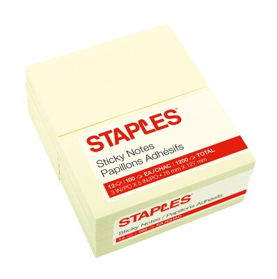 Staples® Stickies Recycled Notes, 3" x 5", Yellow, 100 Sheet/Pad, 12 Pads/Pack (S35YR12)