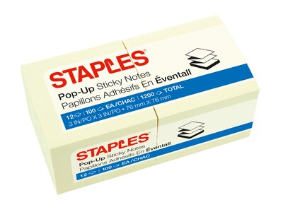 Staples Stickies Pop-up Notes, 3 x 3, Yellow, 100 Sheet/Pad, 216 Pads/Carton (17764CT)