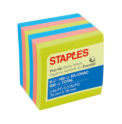 Staples® Stickies™ Pop-Up Notes, Assorted Bright Colors, 3 x 3, 6/Pk, 24 Packs/Ct (S33BRP6C)