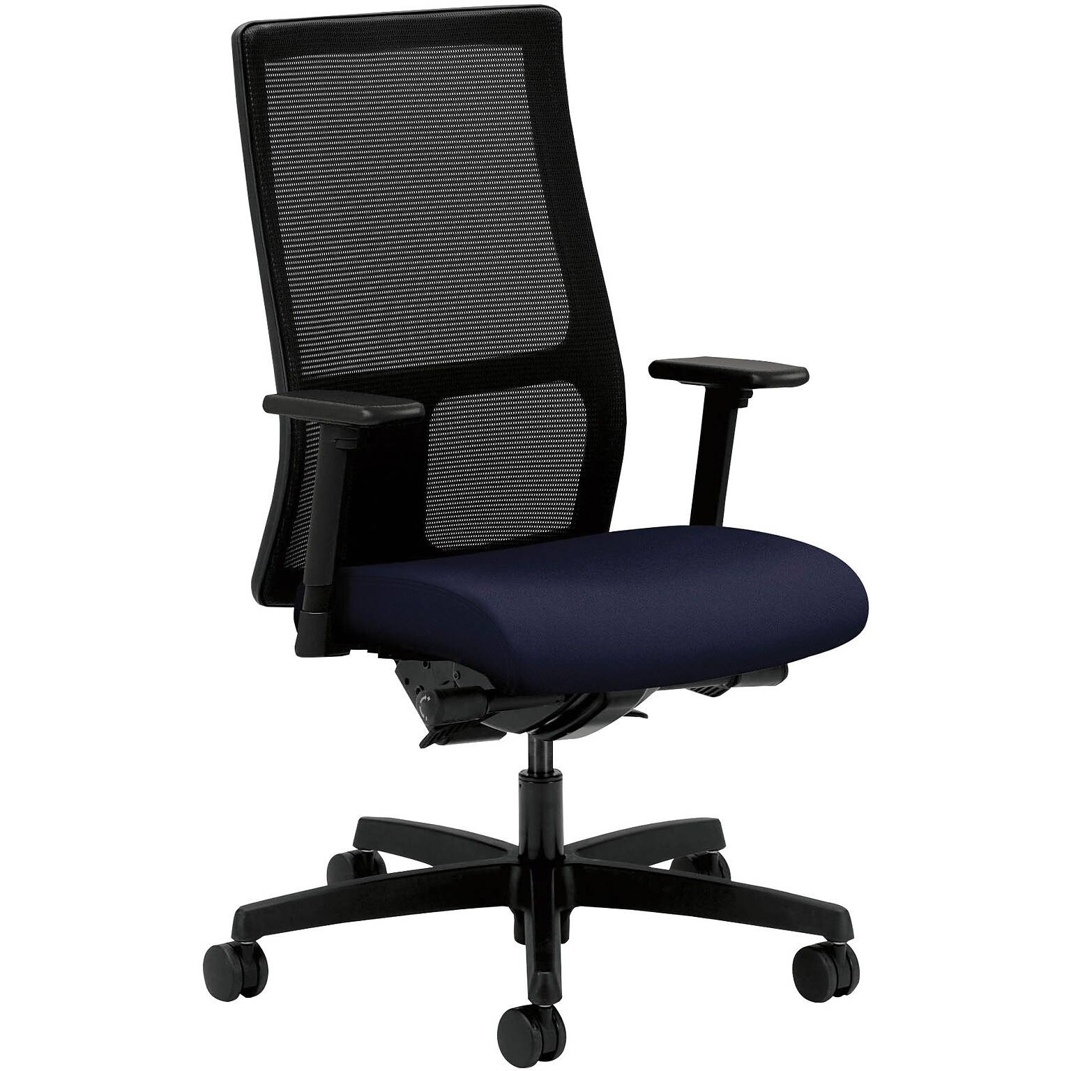 HON Ignition Mid-Back Mesh Task Chair, Synchro-Tilt, Back Angle, Adj Arms, Fabric, Navy, 20.0W x 17.0D, 19.0W x 24.0H