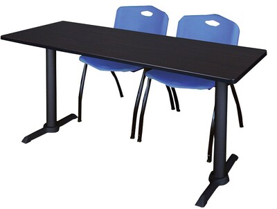 Regency Seating Cain 66 x 24 Training Table, Mocha Walnut & 2 M Stack Chairs, Blue (MTRCT6624MW47BE)