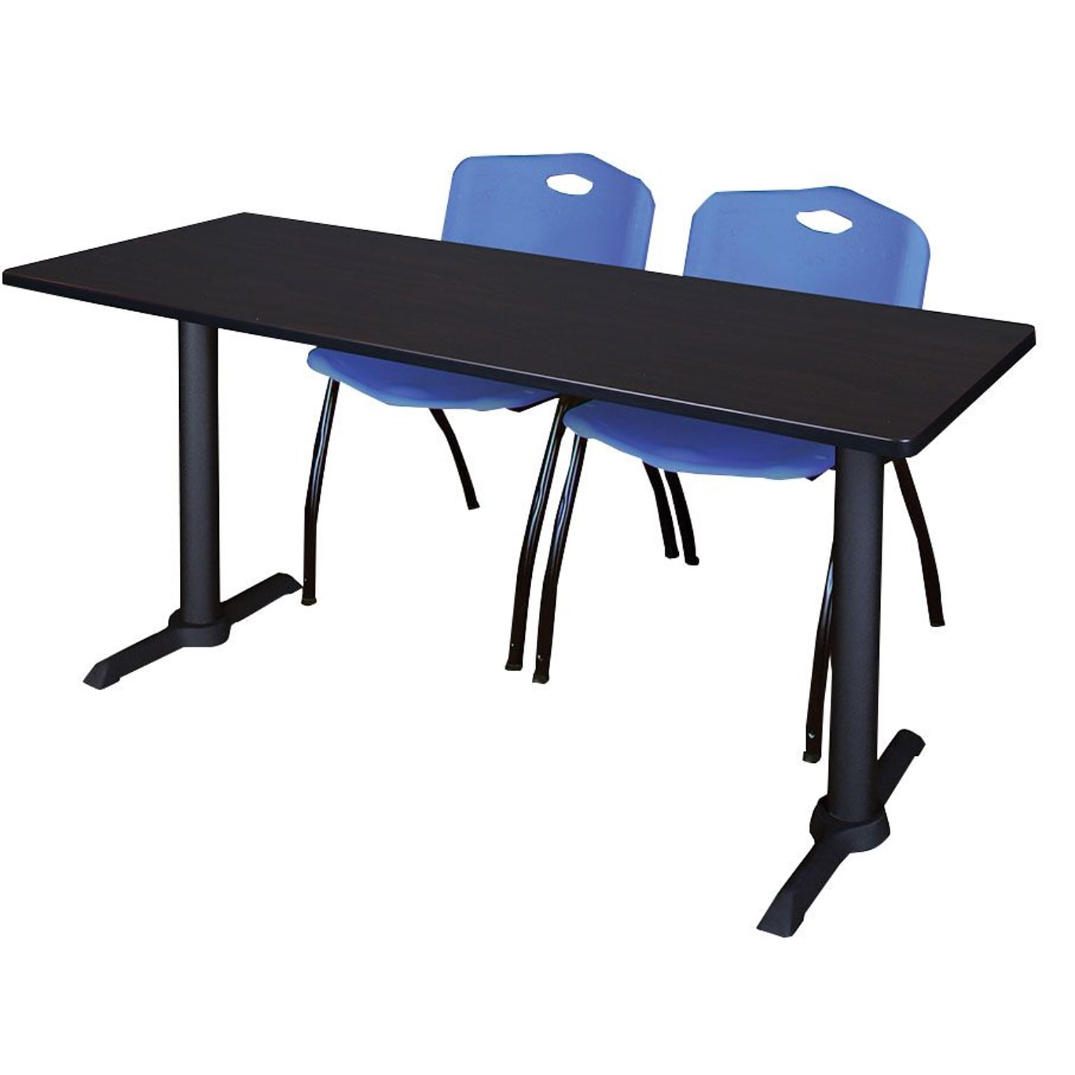 Regency Seating Cain 66 x 24 Training Table, Mocha Walnut & 2 M Stack Chairs, Blue (MTRCT6624MW47BE)