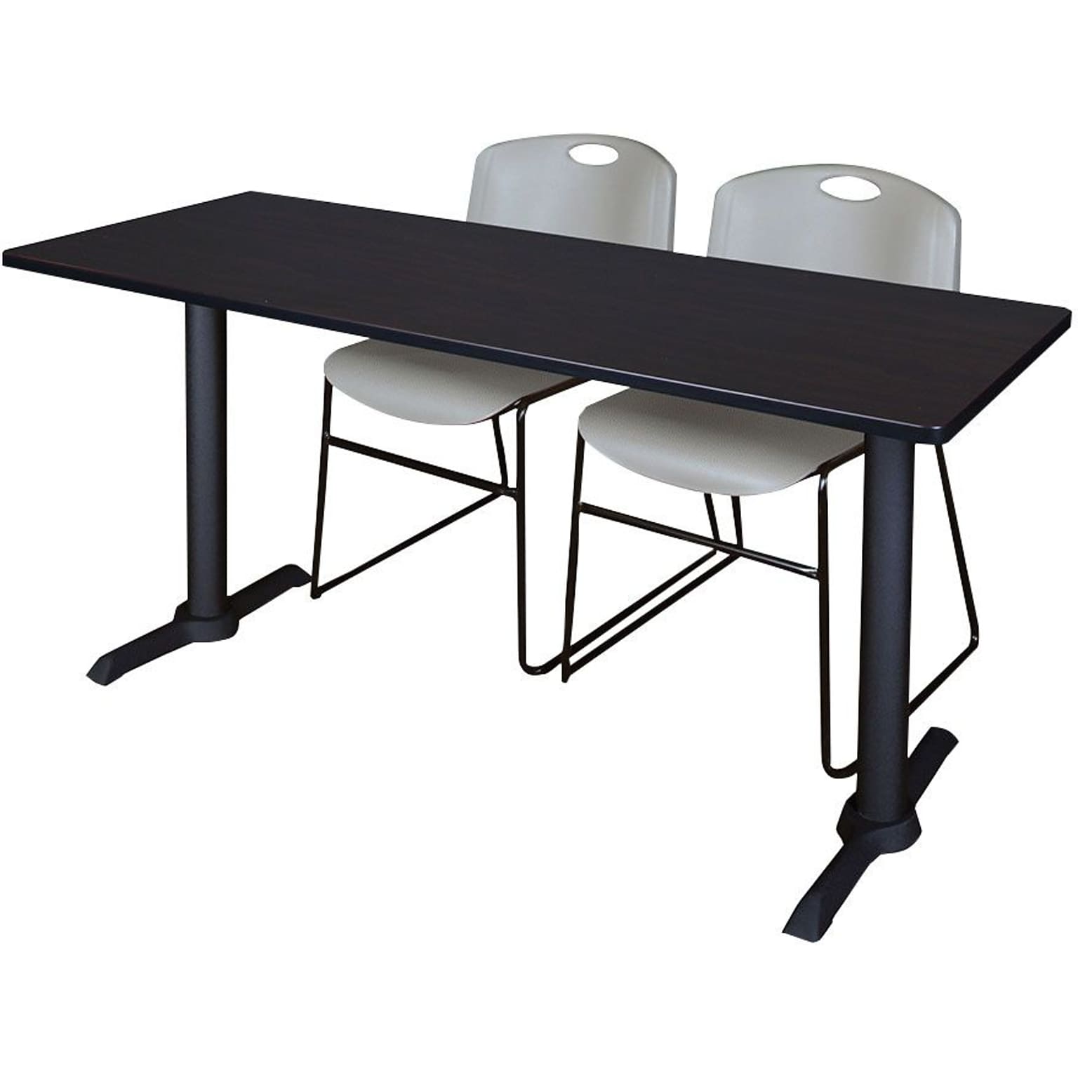 Regency Seating Cain 66 x 24 Training Table, Mocha Walnut & 2 Zeng Stack Chairs, Grey (MTRCT6624MW44GY)