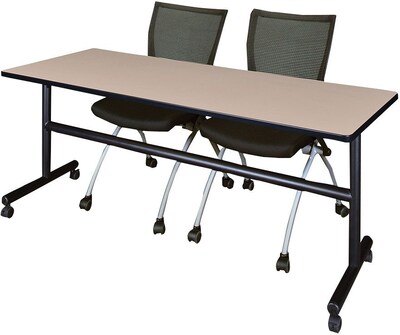 Regency Seating Kobe 72 Flip Top Mobile Training Table, Beige & 2 Apprentice Chairs, Black (MKFT7224BE09BK)