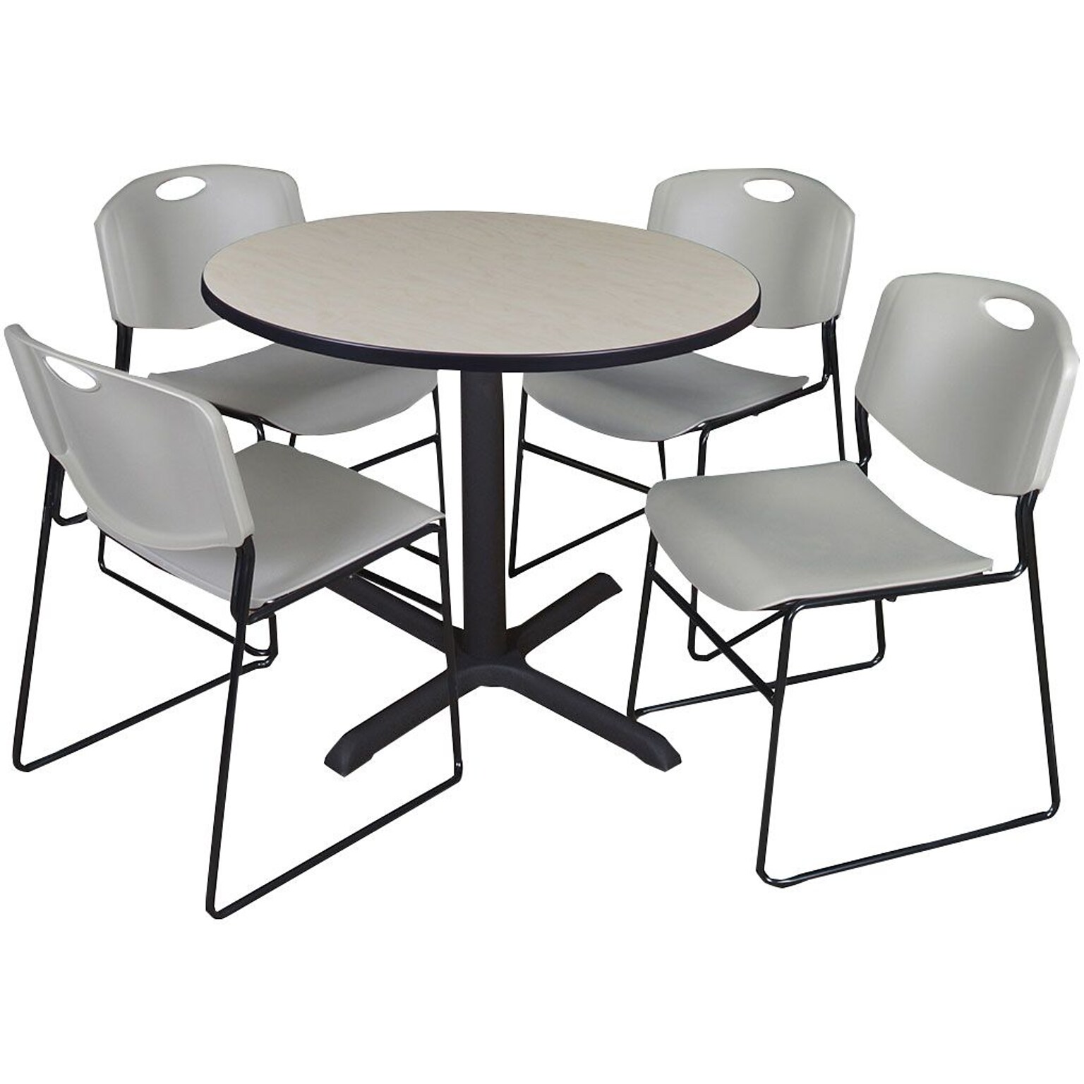 Regency Seating Cain 42 Round Breakroom Table- Maple & 4 Zeng Stack Chairs- Grey