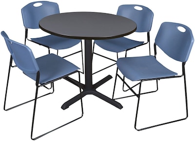 Regency Seating Cain 42 Round Breakroom Table- Grey & 4 Zeng Stack Chairs- Blue