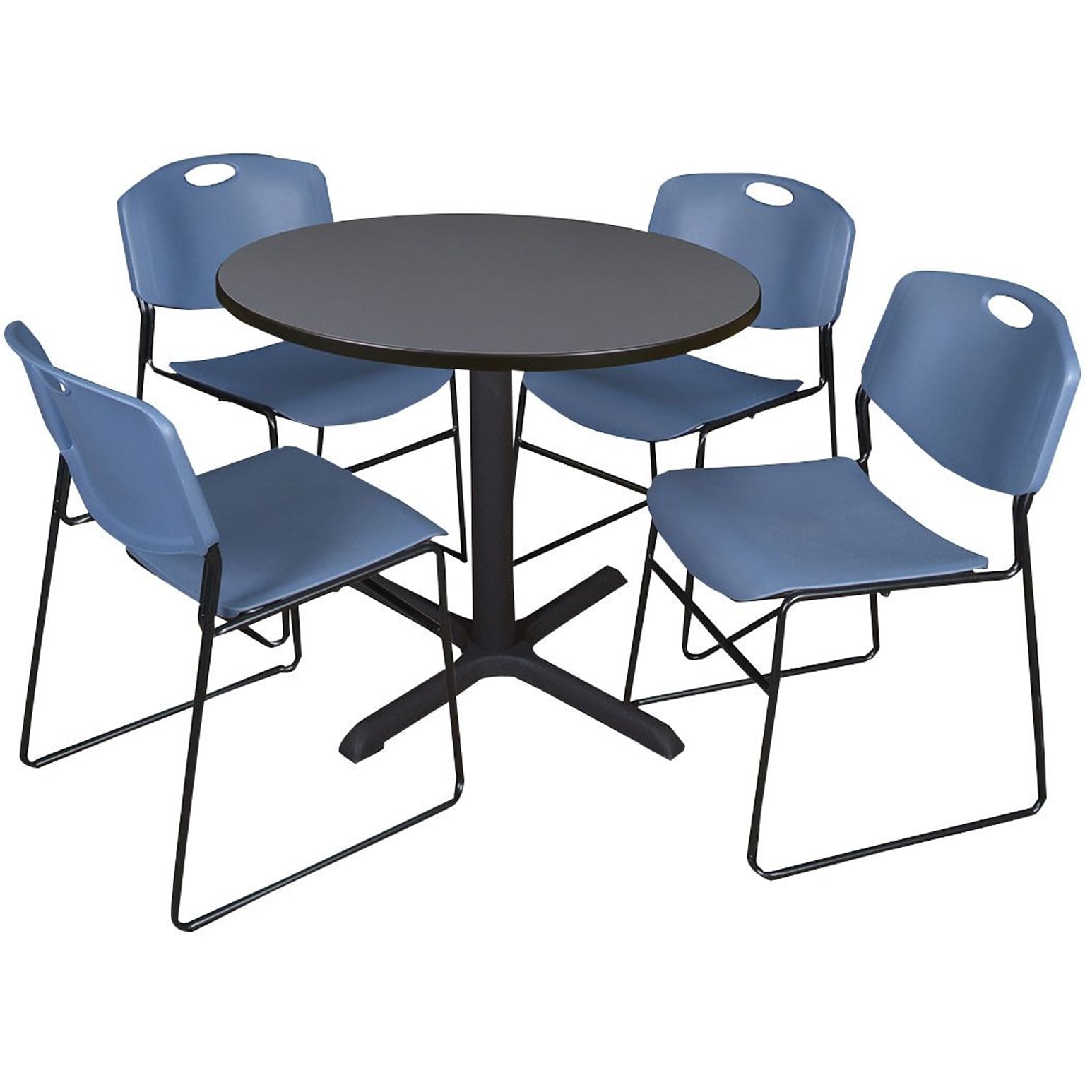 Regency Seating Cain 42 Round Breakroom Table- Grey & 4 Zeng Stack Chairs- Blue