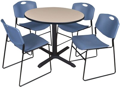 Regency Seating Cain 42 Round Breakroom Table- Beige & 4 Zeng Stack Chairs- Blue