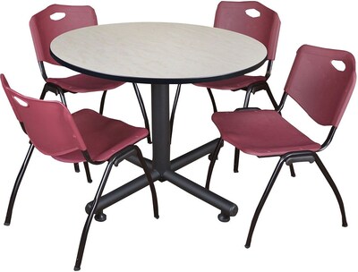 Regency Seating Kobe 48 Round Breakroom Table- Maple & 4 M Stack Chairs- Burgundy (TKB48RNDPL47BY)