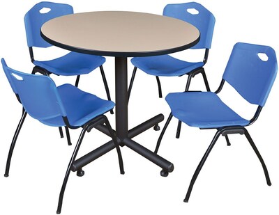 Regency Seating Kobe 42" Round Breakroom Table- Beige & 4 'M' Stack Chairs- Blue