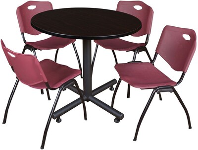 Regency Seating Kobe 42 Round Breakroom Table, Mocha Walnut & 4 M Stack Chairs, Burgundy (TKB42RNDMW47BY)