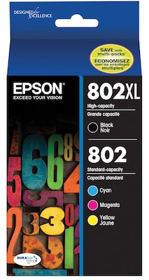 Epson T802XL/T802 Black High Yield and Cyan/Magenta/Yellow Standard Yield Ink Cartridge, 4/Pack   (T