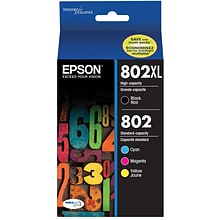 Epson T802XL/T802 Black High Yield and Cyan/Magenta/Yellow Standard Yield Ink Cartridge, 4/Pack (T80