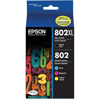 Epson T802XL/T802 Black High Yield and Cyan/Mangeta/Yellow Standard Yield Ink Cartridge, 4/Pack (T80