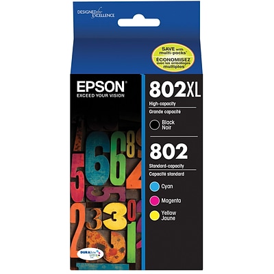 Epson T802XL/T802 Black High Yield and Cyan/Magenta/Yellow Standard Yield Ink Cartridge, 4/Pack (T802XL- BCS)