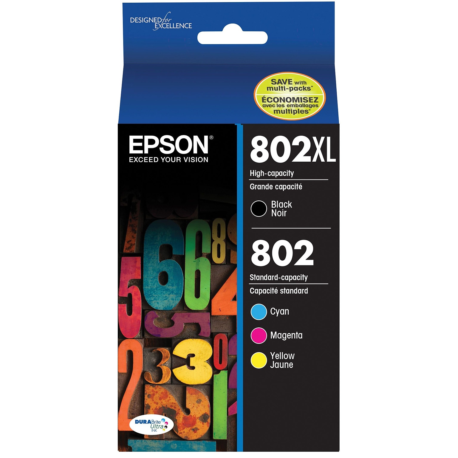 Epson T802XL/T802 Black High Yield and Cyan/Magenta/Yellow Standard Yield Ink Cartridge, 4/Pack (T802XL- BCS)