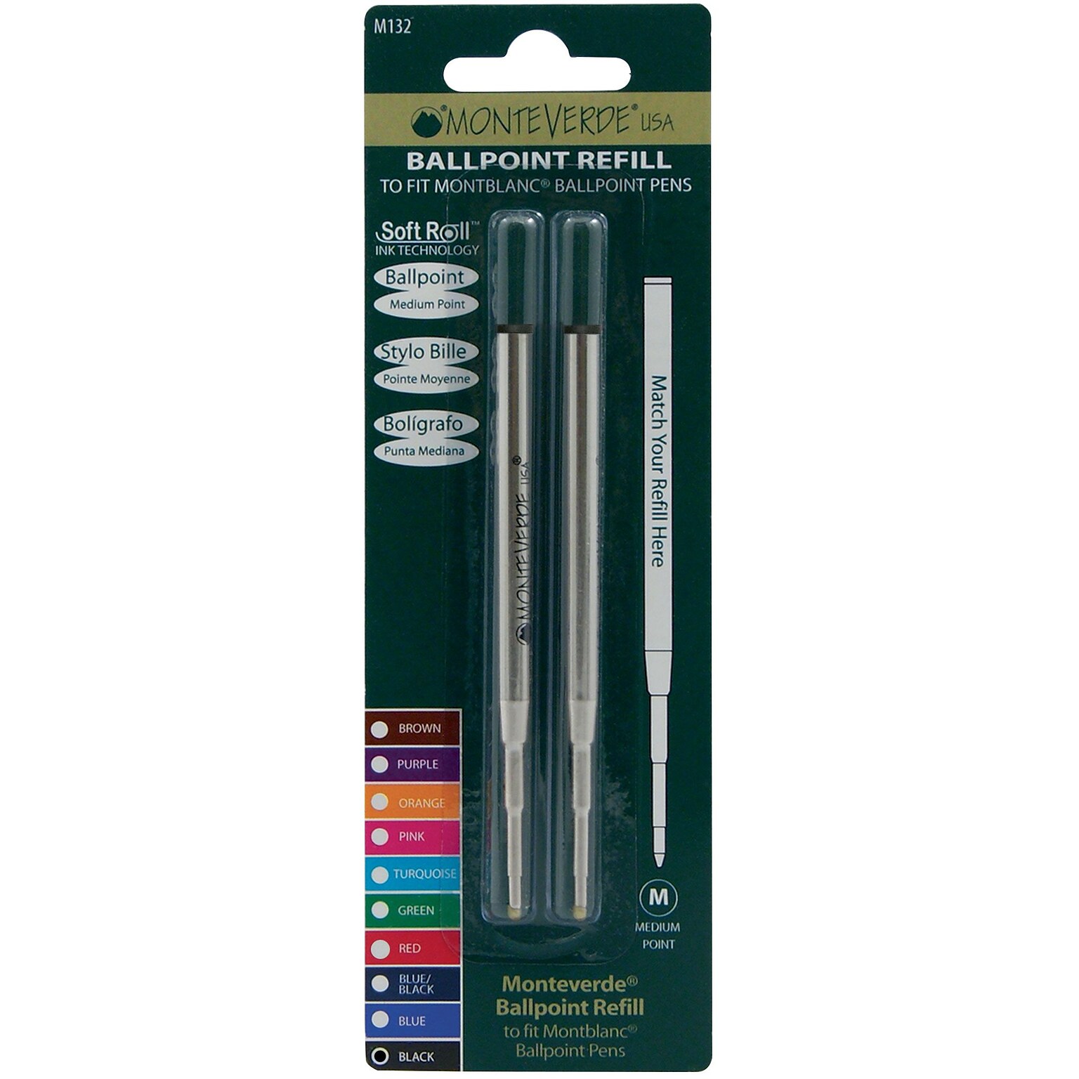 YAFA® Monteverde USA® Soft Roll™ Ballpoint Pen Refill, Medium Point, Black Ink, 2/Pack (M132BK)