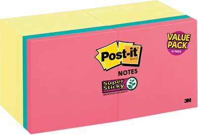 Post-it® Super Sticky Notes, 3 x 3, Canary Yellow, 12 Pads/Pack with 4 bonus Pads from the Miami Collection