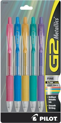 Pilot G2 Metallics Retractable Gel Pens, Fine Point, Assorted Ink, 5/Pack (34404)