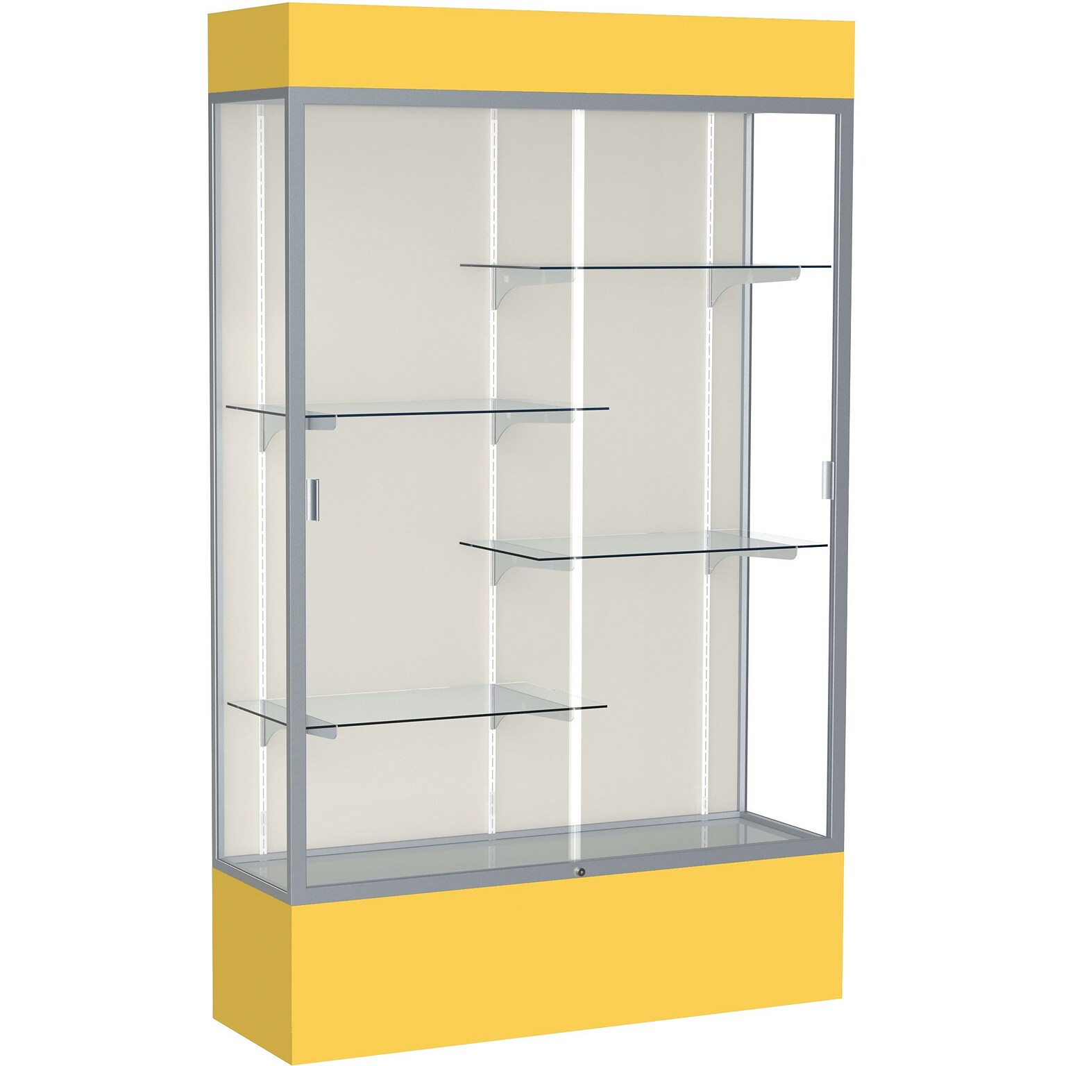 Ghent Spirit 48W x 80H x 16D Lighted Floor Case, Plaque Back, Satin Finish, Goldenrod Base and Top (3174PB-SN-GR)