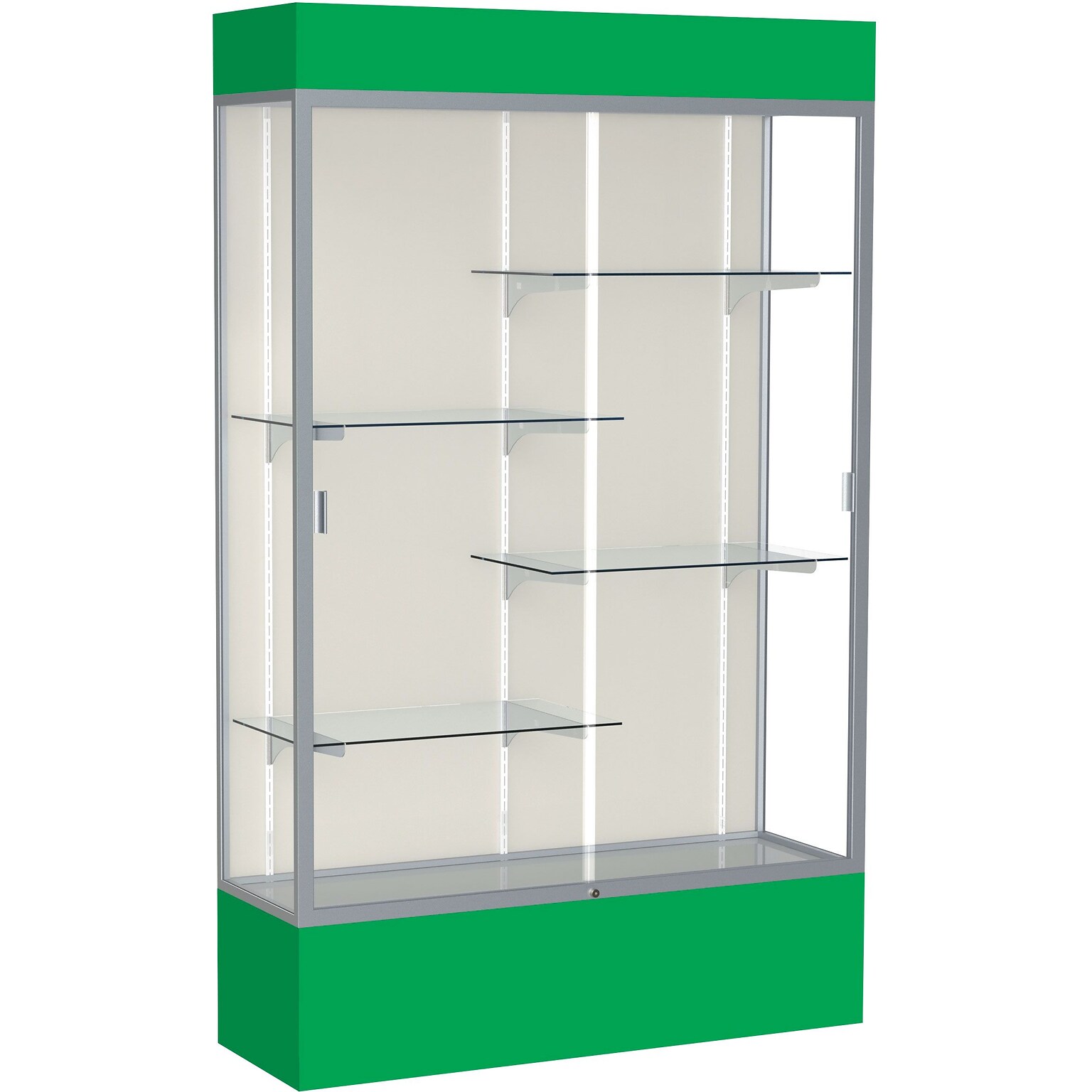 Ghent Spirit 48W x 80H x 16D Lighted Floor Case, Plaque Back, Satin Finish, Kelly Green Base and Top (3174PB-SN-KG)