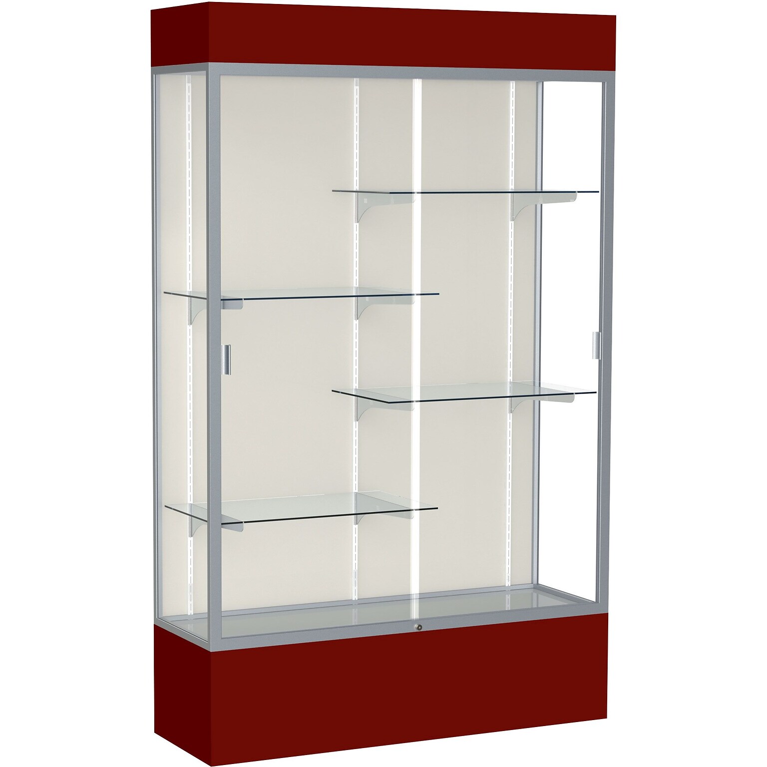 Waddell Spirit 48W x 80H x 16D Lighted Floor Case, Plaque Back, Satin Finish, Maroon Base and Top (3174PB-SN-MN)