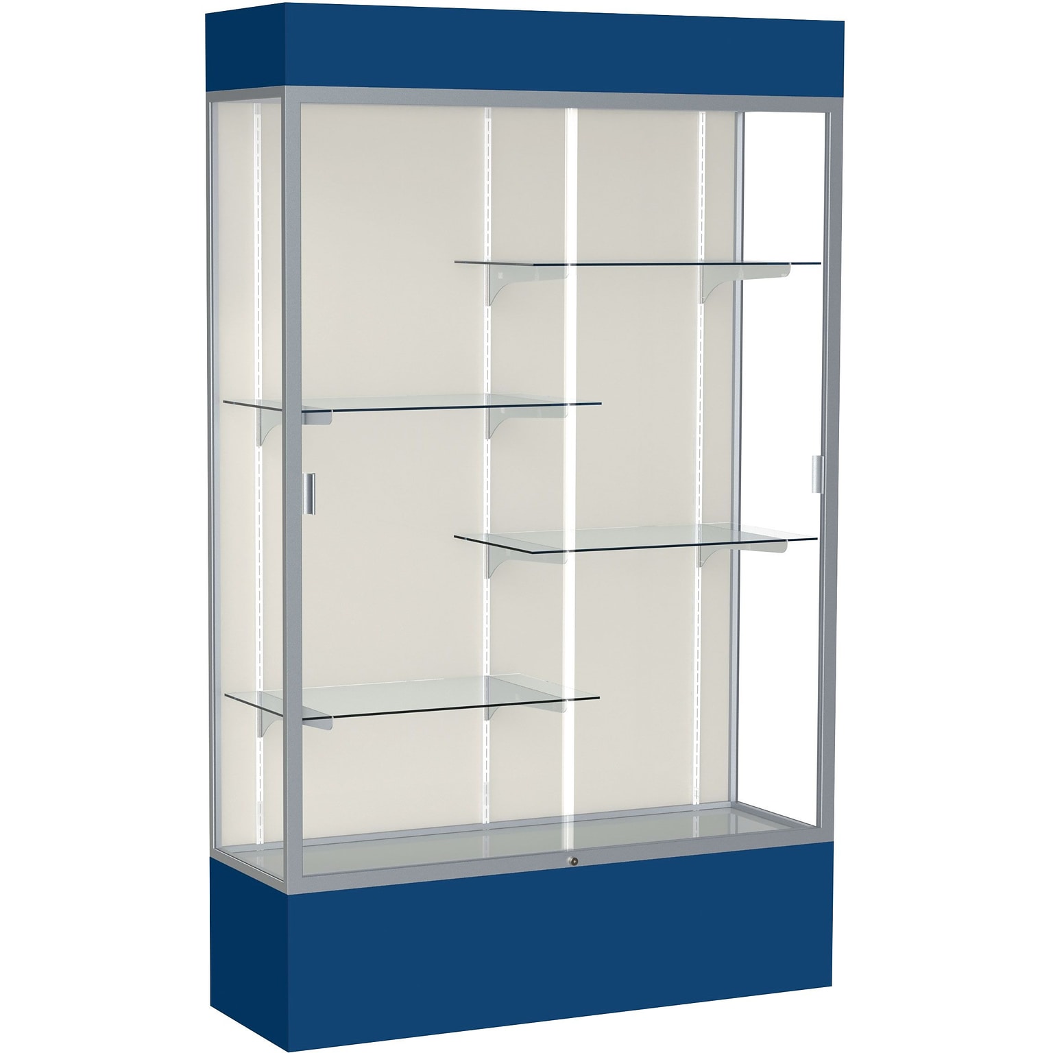 Waddell Spirit Lighted Floor Case, 48W x 80H x 16D, Plaque Back, Satin Finish, Navy Base and Top (3174PB-SN-NY)