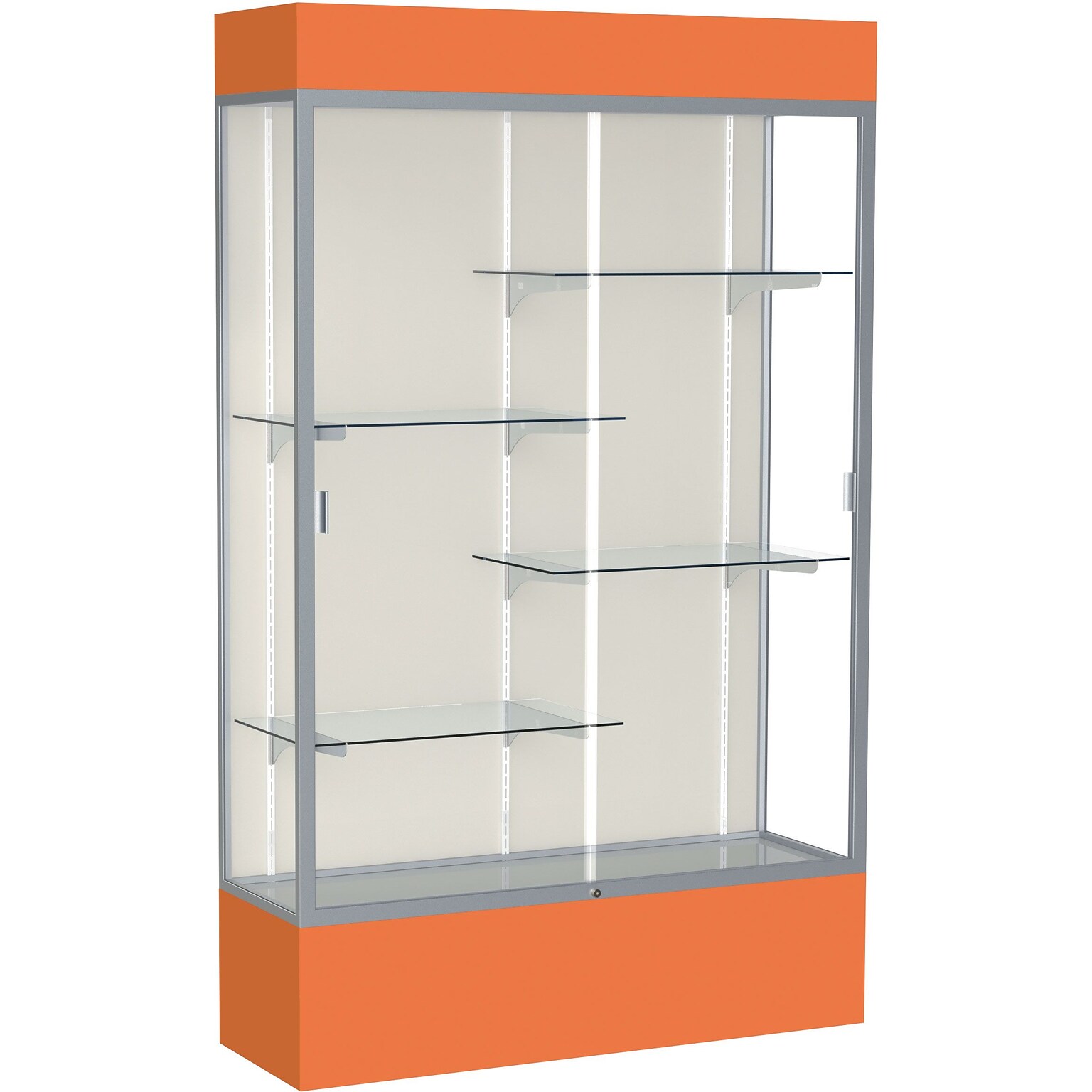 Ghent Spirit 48W x 80H x 16D Lighted Floor Case, Plaque Back, Satin Finish, Orange Base and Top (3174PB-SN-OR)