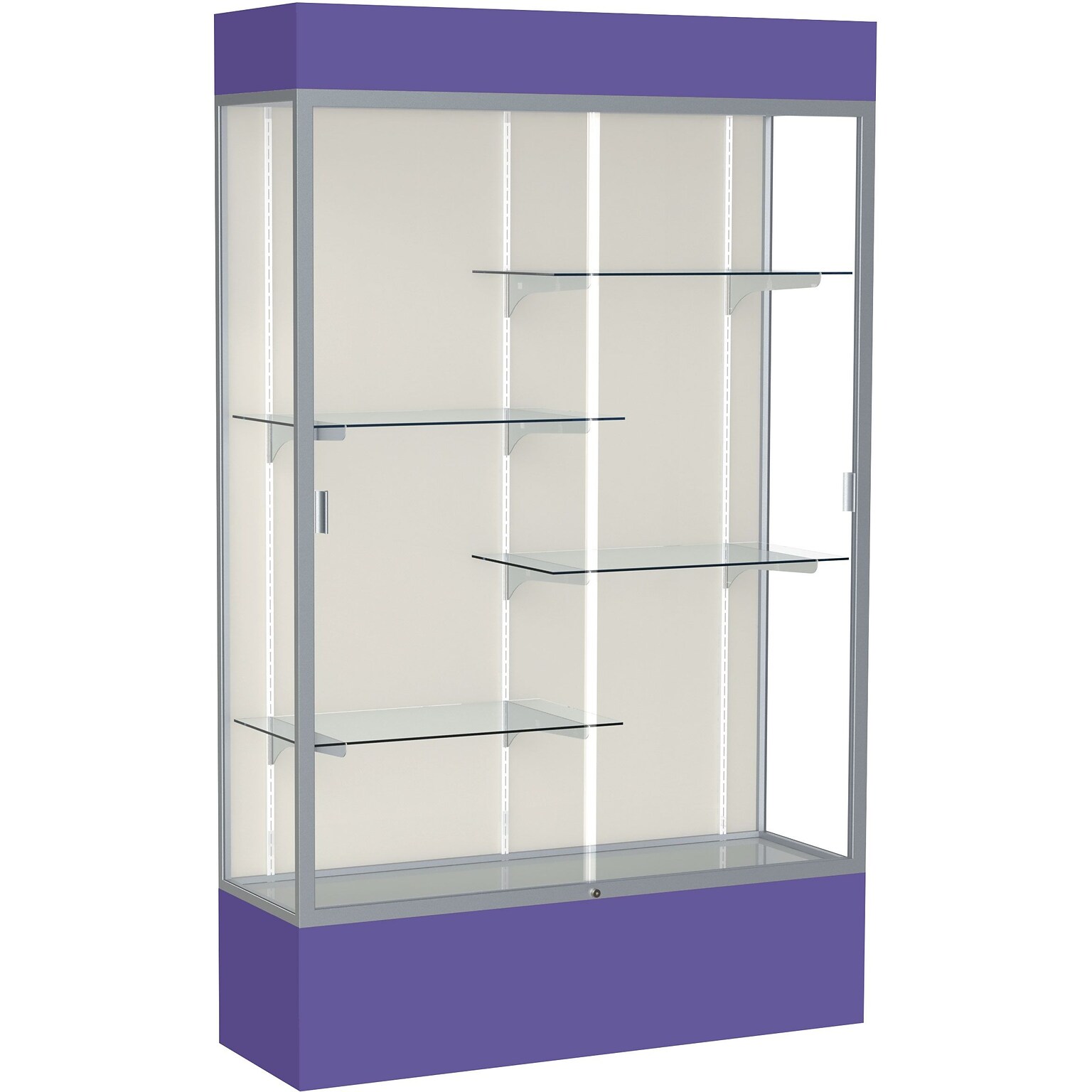 Ghent Spirit 48W x 80H x 16D Lighted Floor Case, Plaque Back, Satin Finish, Purple Base and Top (3174PB-SN-PE)