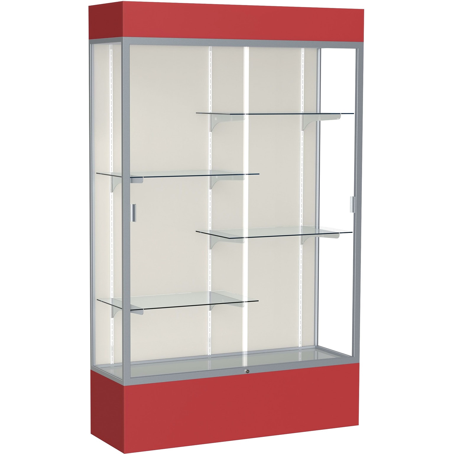 Ghent Spirit Lighted Floor Case, 48W x 80H x 16D, Plaque Back, Satin Finish, Red Base and Top (3174PB-SN-RD)