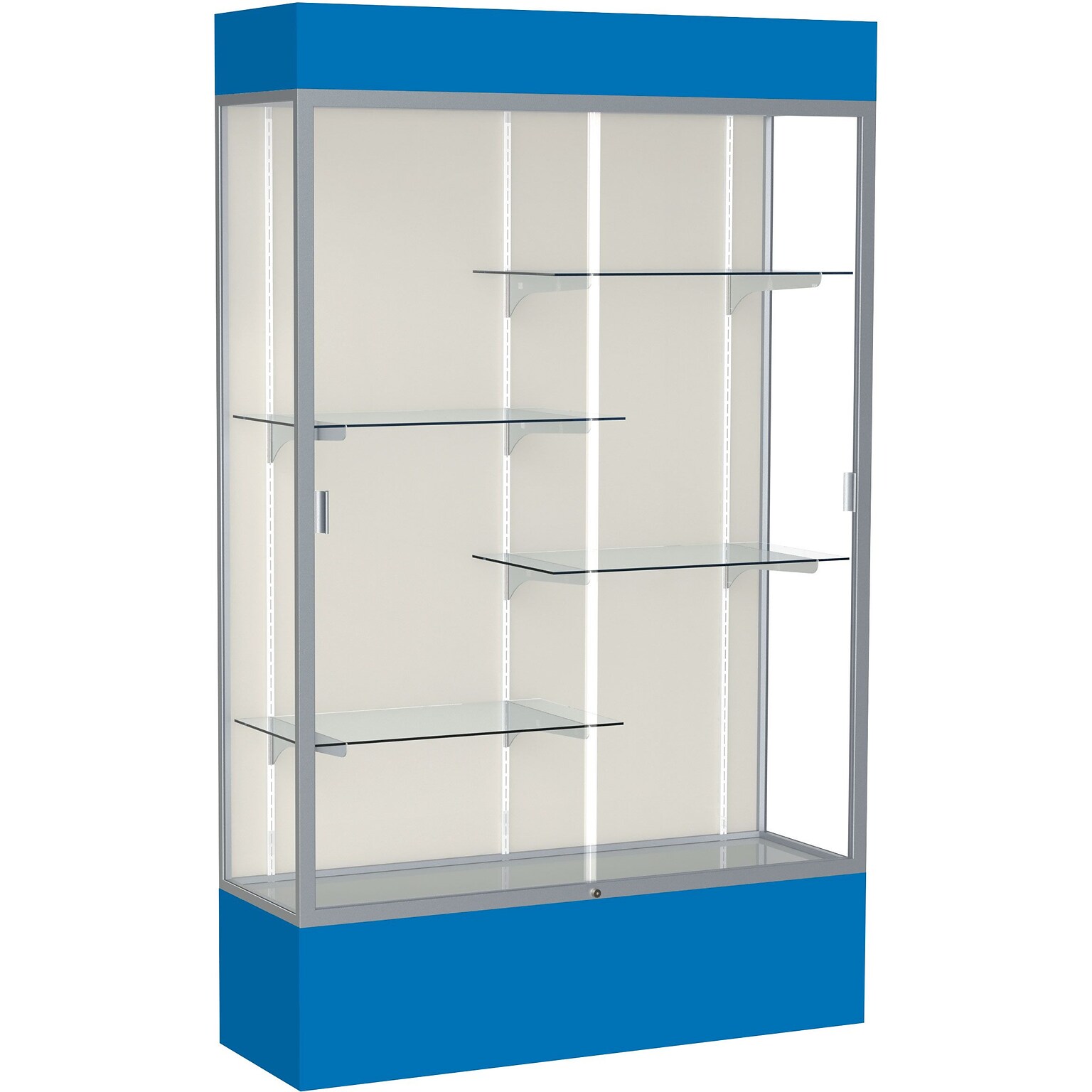 Ghent Spirit 48W x 80H x 16D Lighted Floor Case, Plaque Back, Satin Finish, Royal Blue Base and Top (3174PB-SN-RY)