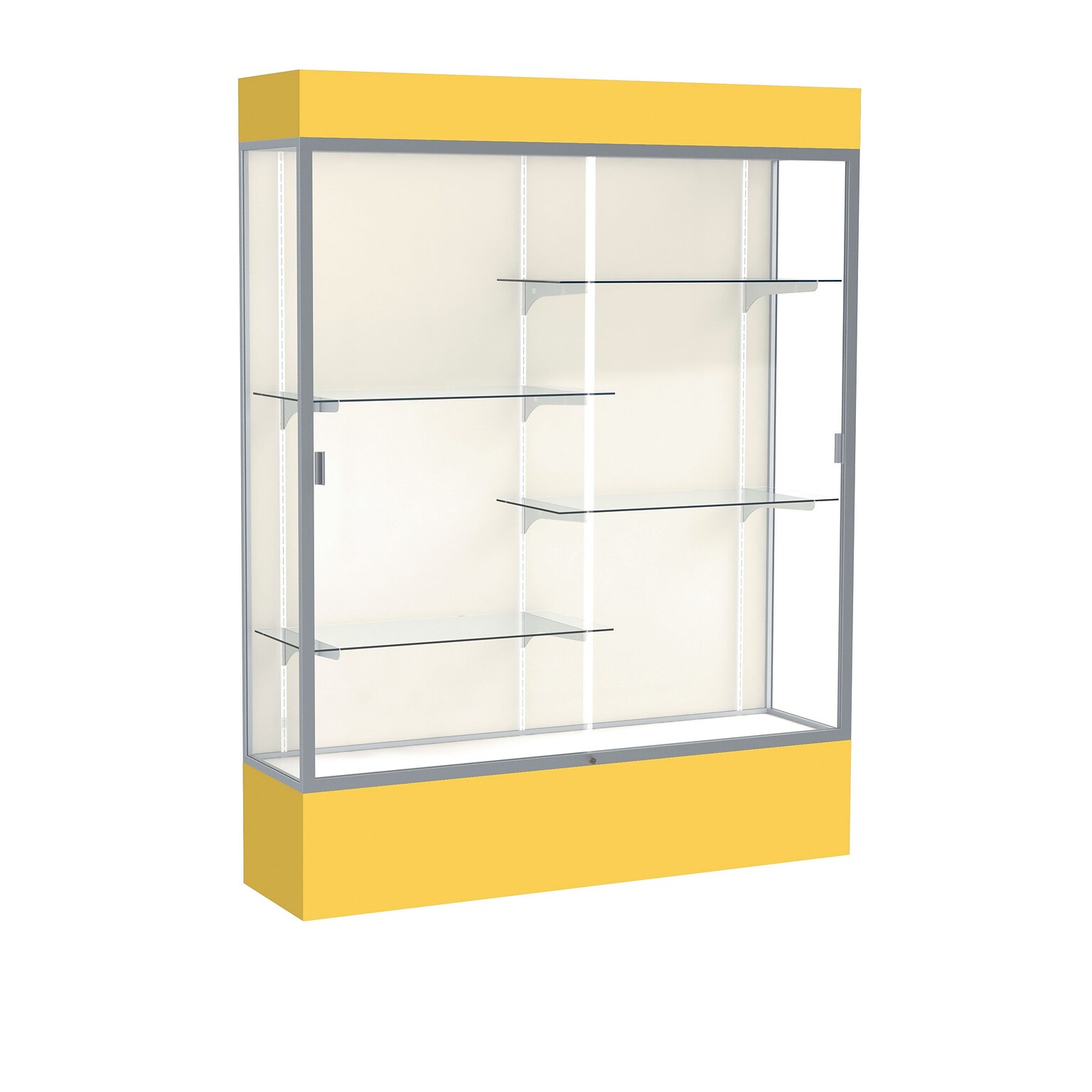 Ghent Spirit 60W x 80H x 16D Lighted Floor Case, Plaque Back, Satin Finish, Goldenrod Base and Top (3175PB-SN-GR)