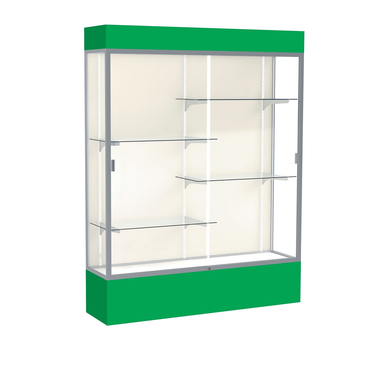 Ghent Spirit 60W x 80H x 16D Lighted Floor Case, Plaque Back, Satin Finish, Kelly Green Base and Top (3175PB-SN-KG)