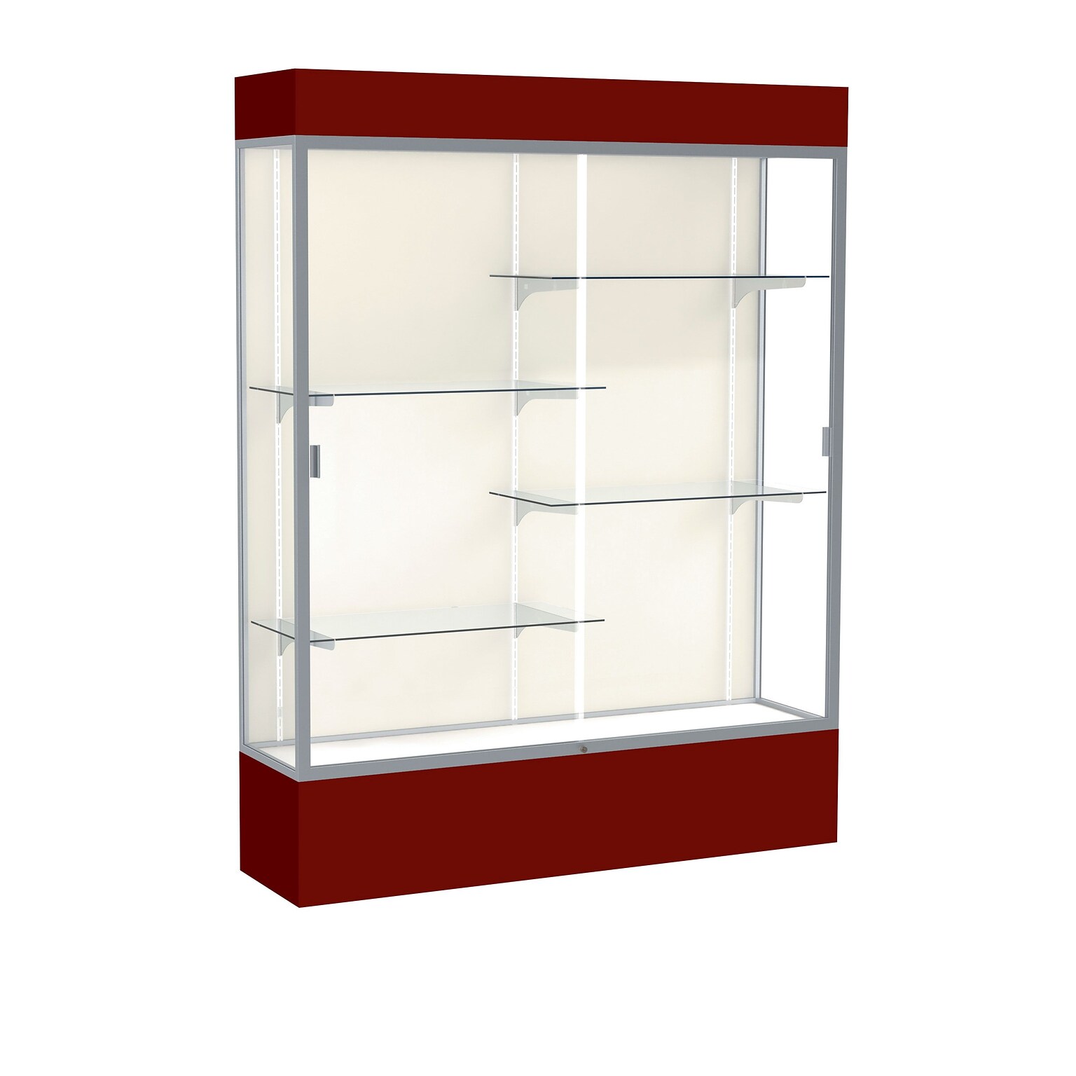 Waddell Spirit 60W x 80H x 16D Lighted Floor Case, Plaque Back, Satin Finish, Maroon Base and Top (3175PB-SN-MN)